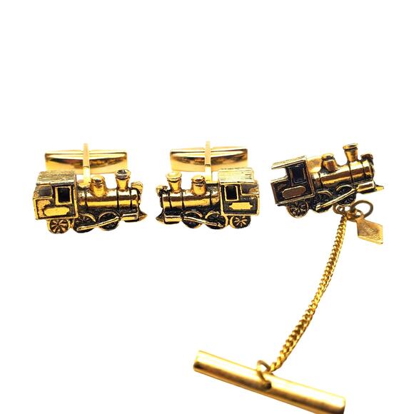 Sarah Coventry Train Cufflinks & Tie Pin Locomotive Railroad Steam Engine Tack - Picture 2 of 6